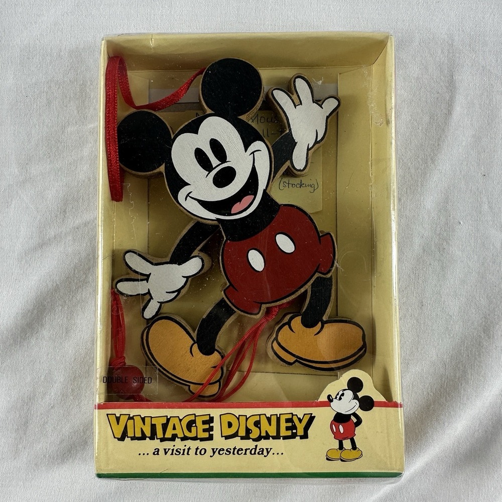 Vintage 1990's Kurt Adler Walt Disney Mickey Mouse Wooden Ornament Pull Toy